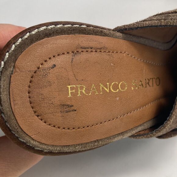 Franco Sarto Brown Suede Gold Buckle Boho Bohemian Heeled Mules Clogs Size 9.5 - Picture 7 of 11